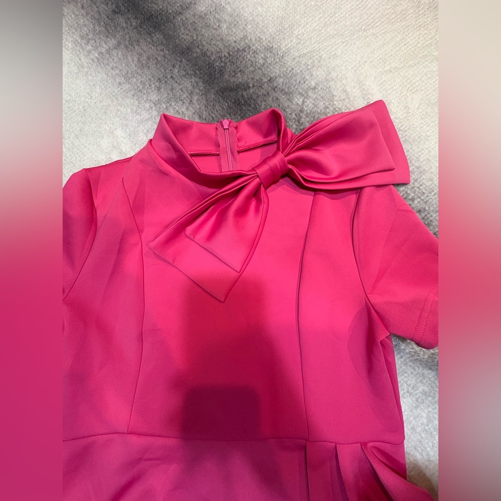 Women's Pink Peplum Midi Dress with Bow Neck - Picture 9 of 10